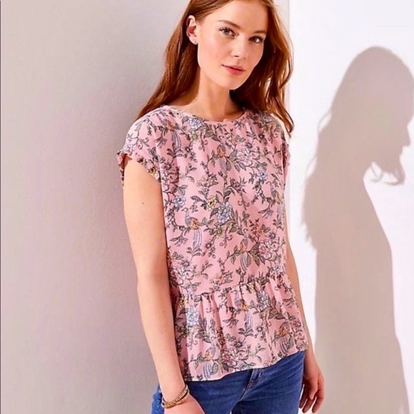 LOFT Tops - SOLD ✨ LOFT Floral Print w Peplum Hem Blouse Pink Multicolor - Size M